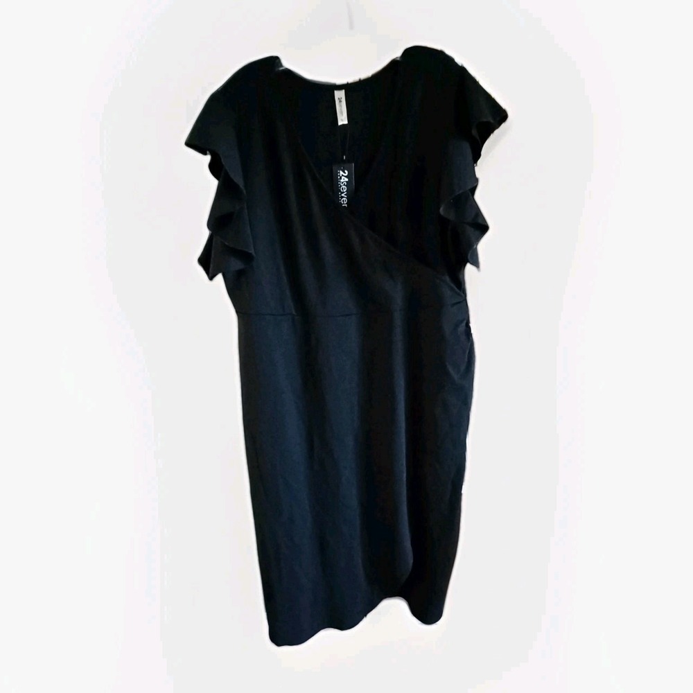 24seven Comfort Apparel Black Ruffle Sleeve Wrap Dress Plus Size‎ 2X NEW